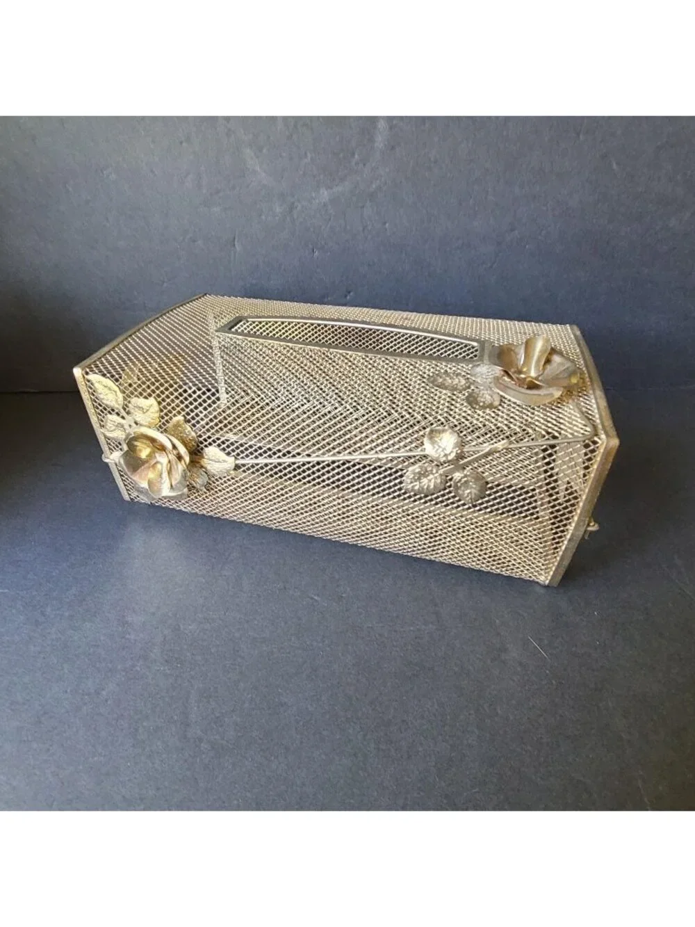 Vintage Brass Filigree Mesh Tissue Box with Rose Motif Ormalu Roses